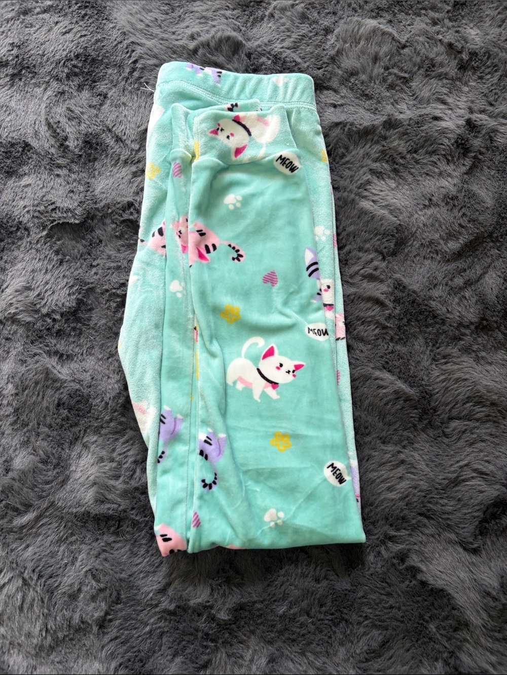 Kids Mint Green Cat Print Plush Pajama Pants 14/16